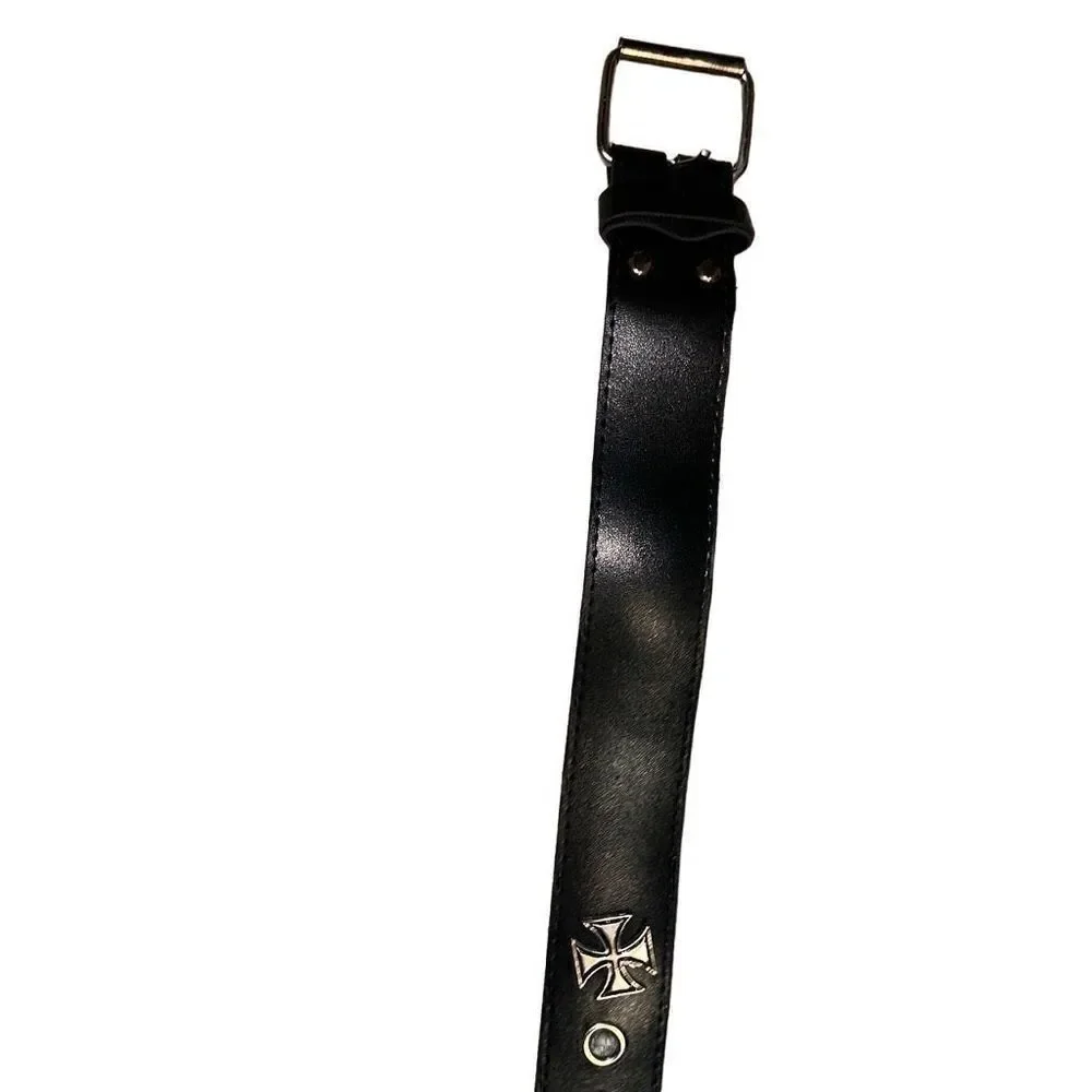 Single Pin Buckle Unisex Black Cross Grommet Faux Leather Belt